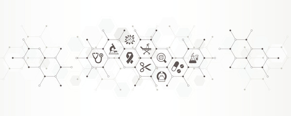 Cancer treatment banner with the website icons and symbol of surgery, diagnostics, chemotherapy and cancer research vector illustration with technology background