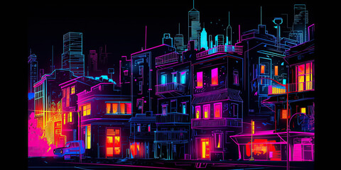 ai generated illustration night view city citycape, neon pink light, residential buildings