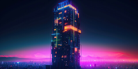 ai generated illustration night view city citycape, neon pink light, residential apartment