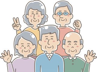 集合してポーズしている高齢者