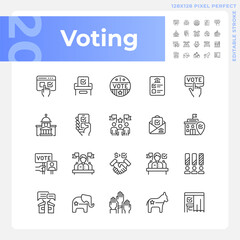 Pixel perfect voting thin line icons set, isolated vector illustration representing election, editable symbols