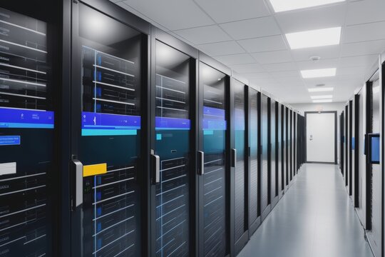 a secure data center facility, with layers of physical and digital security measures, biometric access controls, and redundant backup systems