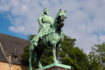 Fototapeta na wymiar Equestrian statue of Frederick I Barbarossa at The Imperial Palace of Goslar (Kaiserpfalz) Goslar Lower Saxony (in german Niedersachsen) Germany