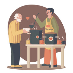 Young male in apron standing near table and share food. Volunteer helps with food for poor old people concept. Voluntary community assistance to people. Flat vector illustration in cartoon style