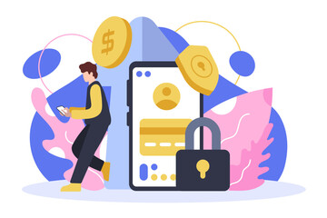 Young man using online banking account via smartphone. Protection and security of banking operations. Financial development concept. Flat vector illustration in cartoon style