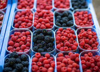 Heap of blackberries, and raspberry in market