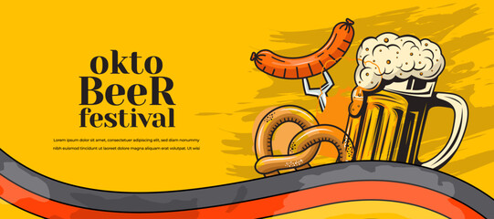 October fest beer festival. Vector october fest banner background with hand drawn illustration. Beer glass and flag. - obrazy, fototapety, plakaty