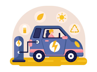 Male sitting in electric automobile, charging on charge station. Eco transport with electric motors. Care for environment. Environmentally friendly vehicles. Flat vector illustration in cartoon style
