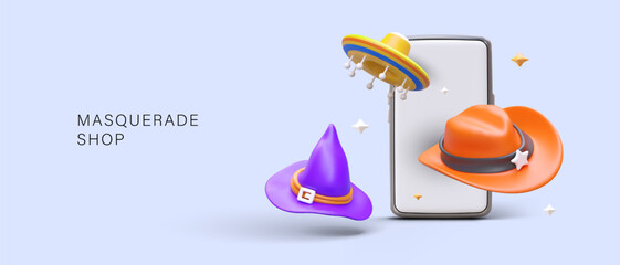 Masquerade hats. Mobile application for buying non standard headwear. Festive, carnival accessories, cosplay items. Thematic hats. Advertising poster with text
