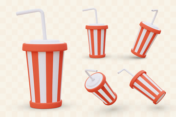 Set of striped cups with straws, lids. Dishware for drinks in cinema. Fast food paper cup, soda. Disposable tableware, symbol of entertainment and relaxation. Color vector illustration