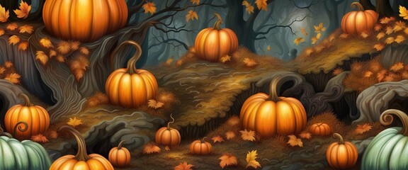 A scary pumpkins in a forest haunted by demons and ghosts on Halloween night, ai.