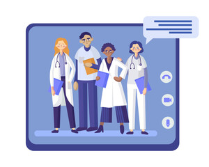 Group of qualified healthcare professionals in uniforms and with clipboards in hands. Time for making treatment online. Remote meeting with therapist. Vector flat illustration in blue colors