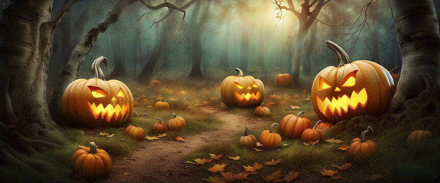 Spooky dark haunted halloween forest with pumpkins on the side of the road, Ai