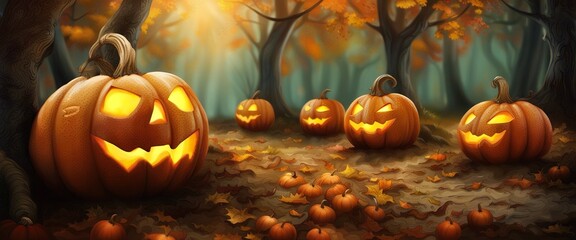 Halloween pumpkin in dark autumn forest halloween celebration background - obrazy, fototapety, plakaty