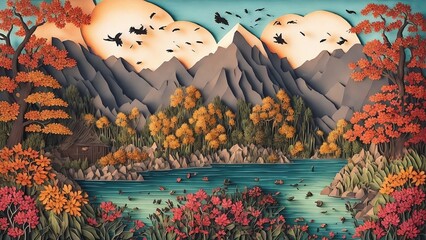 Obraz na płótnie Canvas Fantasy Landscape Background art, autumn landscape, landscape with mountain