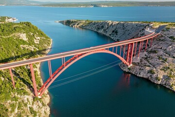 Aerial view of the bridge over the red Iron Road Bridge over the canal. Zadar, Croatia.
