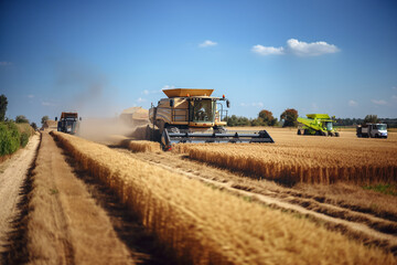 Fototapeta premium A combine harvests from a wheat field. generative AI tools