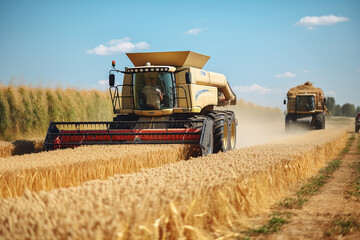 Obraz premium A combine harvests from a wheat field. generative AI tools