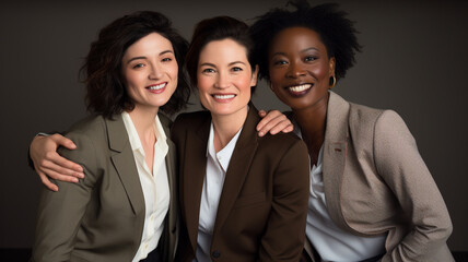 Fototapeta premium Portrait of three diverse professional businesswomen, smiling. Women leadership or management concept.