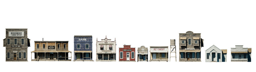 3D illustration rendering of an empty street in an old wild west town with wooden buildings. - obrazy, fototapety, plakaty