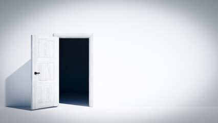 3D illustration render. White door and blank wall