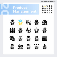 Pixel perfect glyph style icons set representing product management, editable illustration.