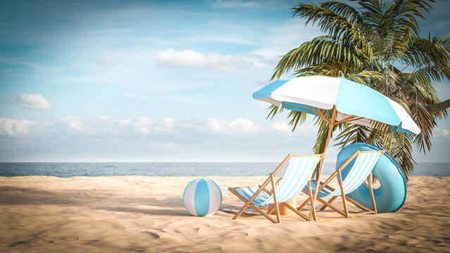 3d illustration. View of beach in summer holidays concept
