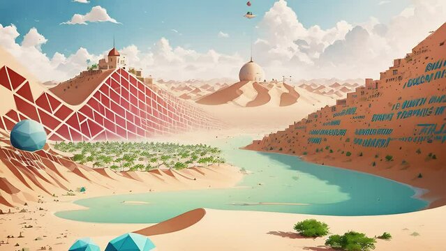 Desert landscape with oasis and sand dunes. Sahara desert. Animation with illustrations transformations and metamorphose. AI generated video for music visualization. Watercolor painting style