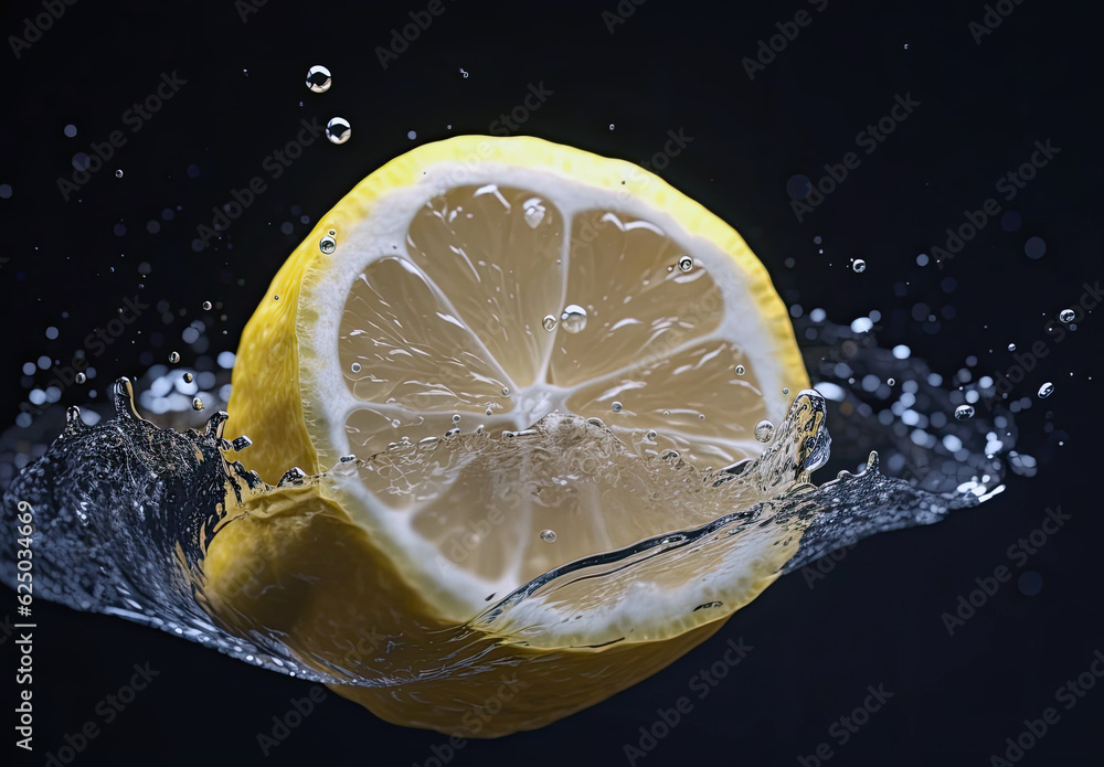 Sticker cut lemon in splashes of water