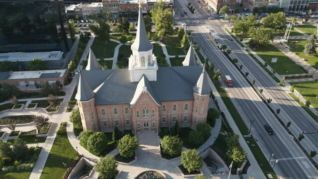 Aerial parallax over and around LDS Mormon Temple in Provo, Utah.