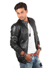 A young Indian handsome model posing on a white studio background.