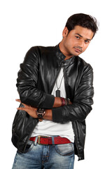A young handsome Indian guy in a black leather jacket, on white studio background.
