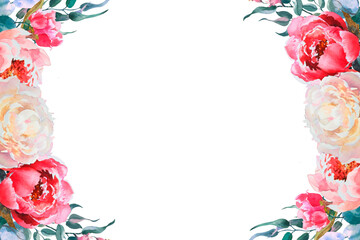 Watercolor horizontal frame, template, pink and white peonies, eucalyptus branches. Hand drawn botanical illustration isolated on white background. For invitations, save the date, wedding.