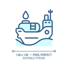 Oil tanker ship light blue icon. Cargo vessel. Maritime industry. Oil transportation. Petroleum tanker. RGB color sign. Simple design. Web symbol. Contour line. Flat illustration. Isolated object