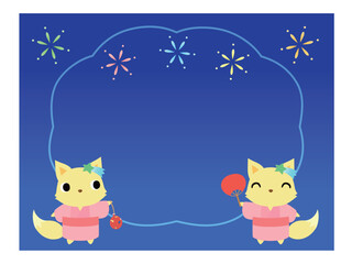 浴衣姿のキツネ　吹き出し　花火の背景付