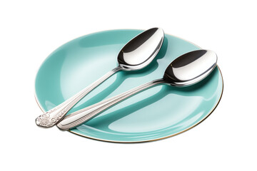 Couple spoons on blue plate isolated on transparent background. Generative Ai