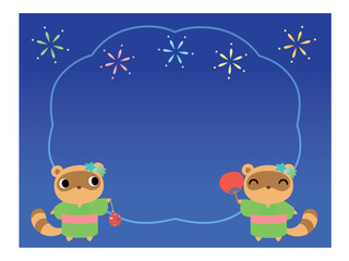 浴衣姿のタヌキ　吹き出し　花火の背景付