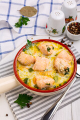 Traditional creamy salmon soup.