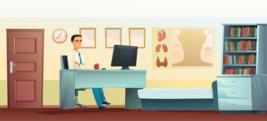 Doctors workplace. Office with health posters and certificates on wall. Reception Medicine. Cheerful cartoon style. Vector