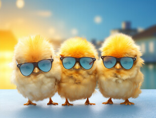 Fototapeta premium Young newborn glasses outside farming sunglasses chicken poultry chick bird small animal hen yellow funny