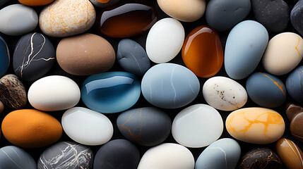 Collection of soft rocks and pebbles, blue, white and orange colored rocks. generative AI - obrazy, fototapety, plakaty