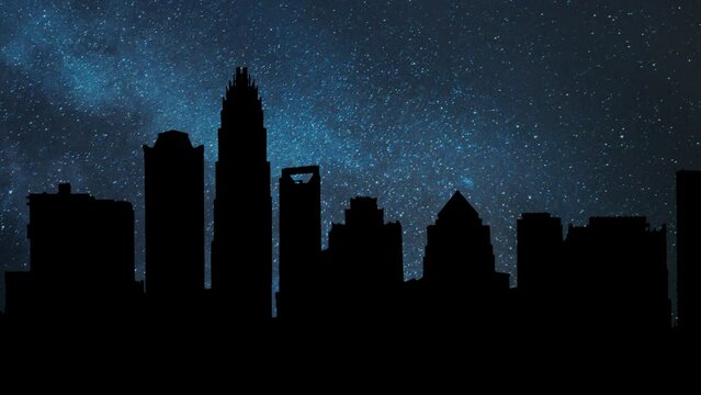 Charlotte Skyline by Night, Time Lapse with Stars and Milky Way in Background,  North Carolina, NC, USA