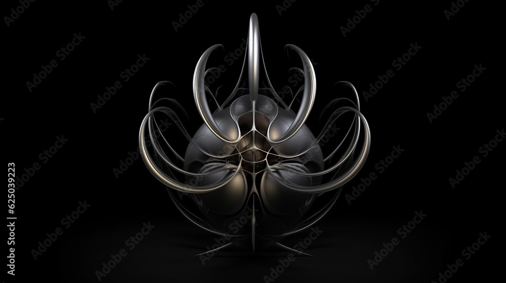Poster 3d render of abstract art 3d sculpture with surreal alien dark flower in curve wavy spherical biolog