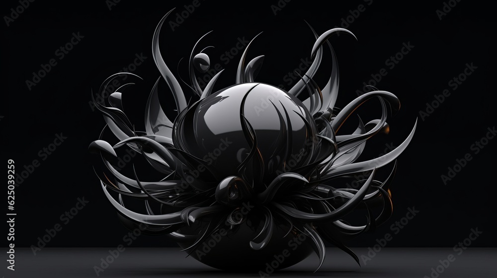 Poster 3d render of abstract art 3d sculpture with surreal alien dark flower in curve wavy spherical biolog