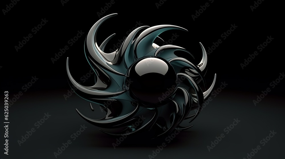 Poster 3d render of abstract art 3d sculpture with surreal alien dark flower in curve wavy spherical biolog