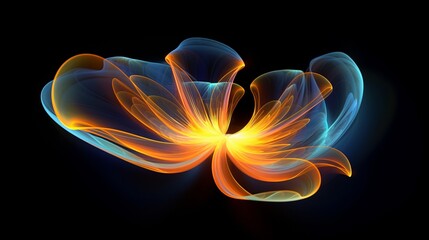 3d render of abstract art with part of surreal alien flower in curve wavy organic elegance biological lines forms in transparent glowing material in blue yellow generative ai