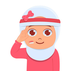 Cute girl with red and white headband, celebrating indonesian independence day with respectful gesture.