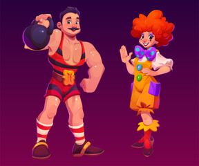 Carnival circus vector man character illustration. Female clown amusement and funny person. Vintage strongman muscular bodybuilder icon with dumbell. Creative costume and makeup on happy person