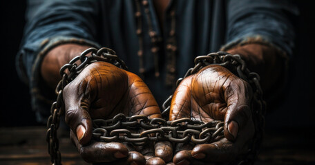 a person holding a chain in their hands. International day for the Abolition of Slavery concept banner