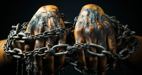 hands chained to chains on a black background. International day for the Abolition of Slavery concept banner
